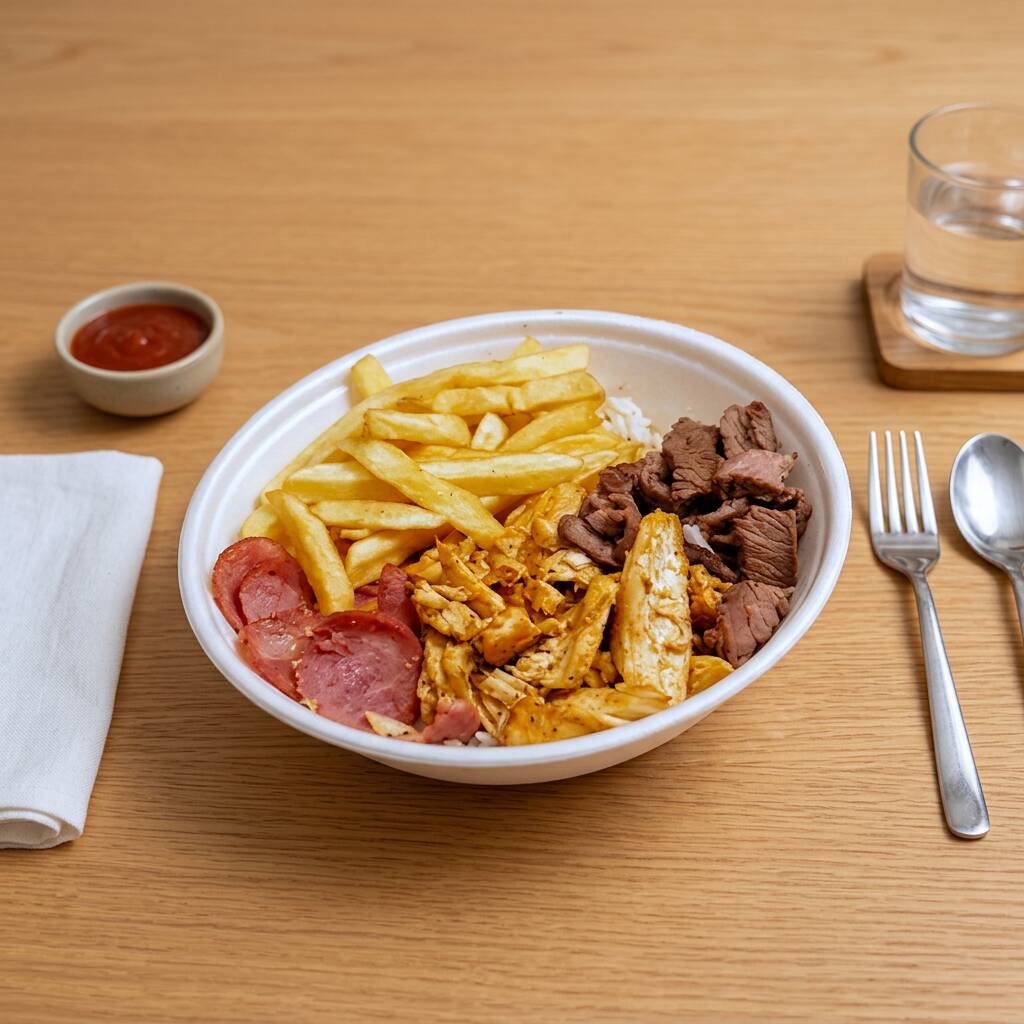Arroz, feijão, churrasco na chapa(carne, linguiça e frango)