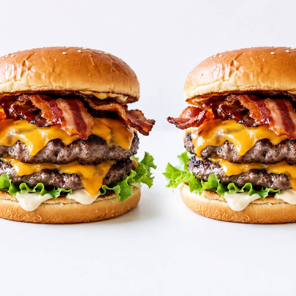 Dois hambúrgueres artesanais de 100g cada, cobertos com queijo cheddar derretido, fatias crocantes de bacon, alface fresca e o toque especial do nosso molho da casa, tudo no pão macio que completa essa explosão de sabor.