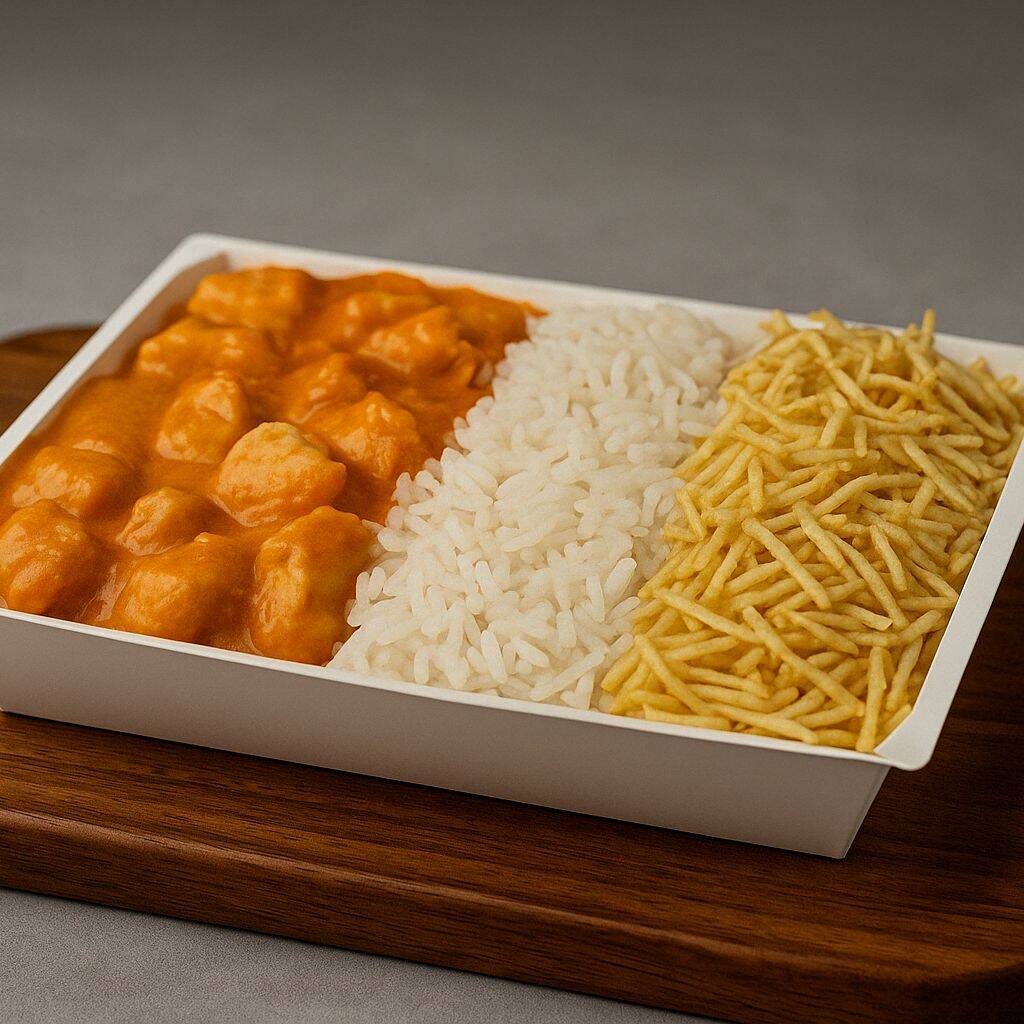 Clássico que nunca sai de moda! Estrogonofe cremoso de frango, bem temperado, acompanhado de arroz branco soltinho e batata palha crocante. Uma marmita generosa de 500g, perfeita para qualquer ocasião!