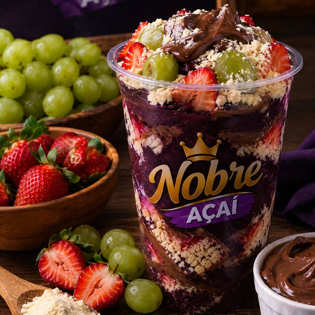 Açaí cremoso combinado com uvas verdes frescas e morangos selecionados, criando uma mistura deliciosa de cremosidade e frescor. Finalizado com leite em pó e creme de avelã, trazendo uma combinação irresistível de sabores em cada colherada.