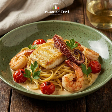 Massa de grano duro envolto em aveludado velouté de polvo, servido with camarões, peixe, polvo, salsa e tomate-cereja confit.