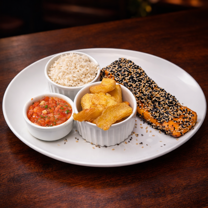 Salmão grelhado no ponto perfeito, finalizado com crosta de gergelim que traz textura crocante e um toque especial ao prato. Equilíbrio perfeito entre leveza e intensidade. Obs: Os acompanhamentos devem ser escolhidos para serem enviados com o salmão. *OBS: Precisa escolher os 3 acompanhamentos para ser enviado com o salmão.
