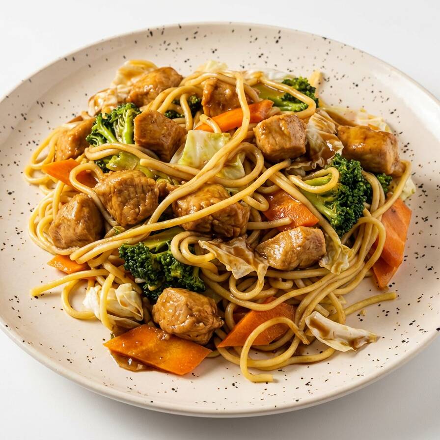 Macarrão chinês cozido com pedaços de frango e legumes ao molho de soja e especiarias