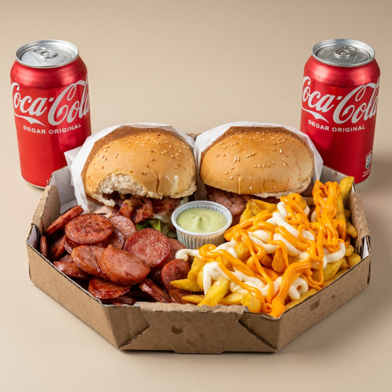 2 x bacon ,300 g de batata,250 g de calabresa ,2 coca cola latas Catupiry e cheddar