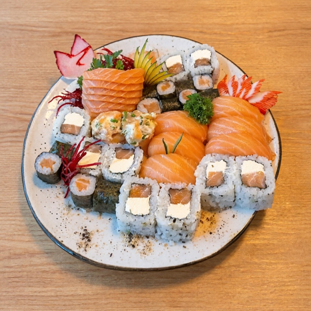 8 fatias de salmão 12 uramaki filadélfia 12 hossomaki salmão 6 niguiri salmão 2 gunkan