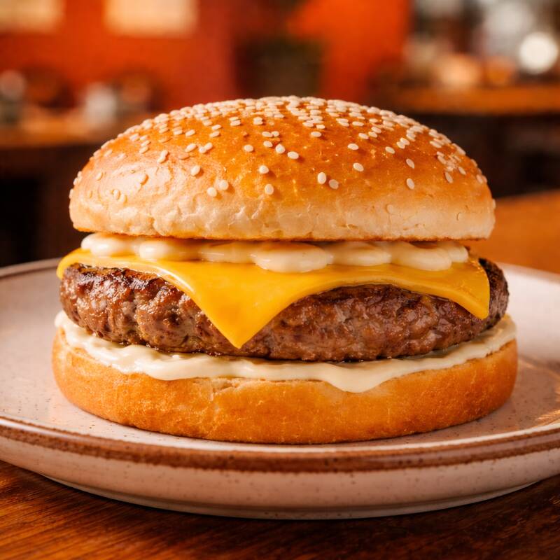 Pão, maionese da casa, burger, cheddar fatiado.