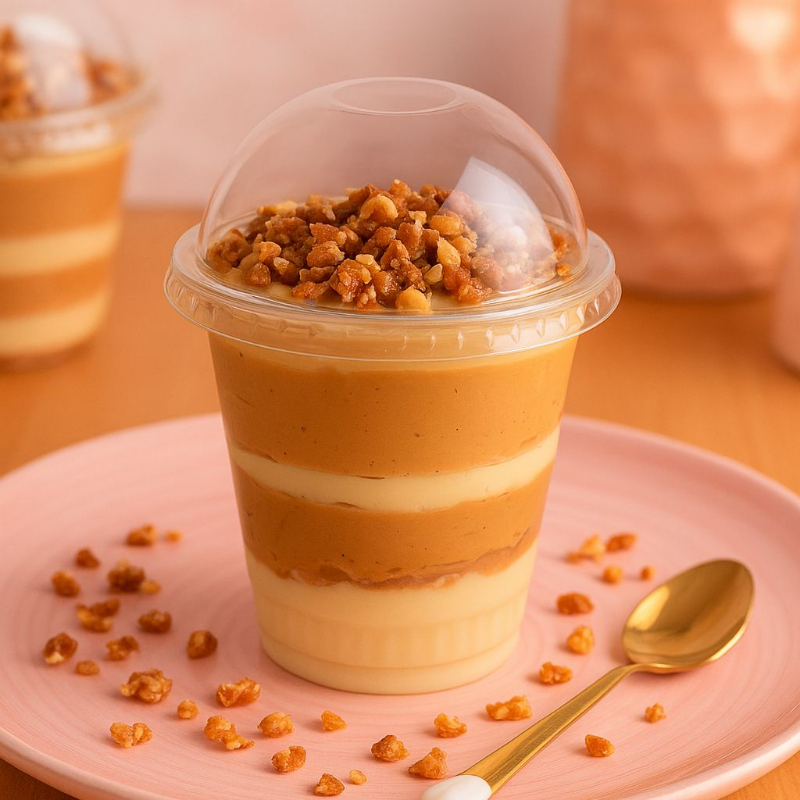 Pavê feito com creme 4 leites, doce de leite caseiro, biscoito maria e praliné de amendoim