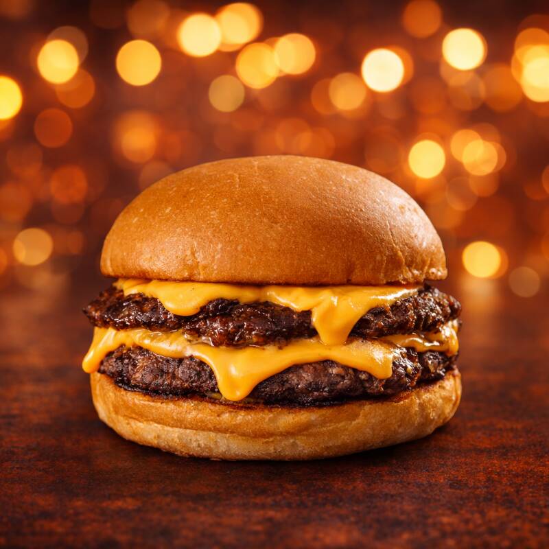 Pão de smash amanteigado, 2 blends de 90g bovino prensado na chapa, cebola caramelizada, finalizado com com chuva de bacon e american cheese palermo