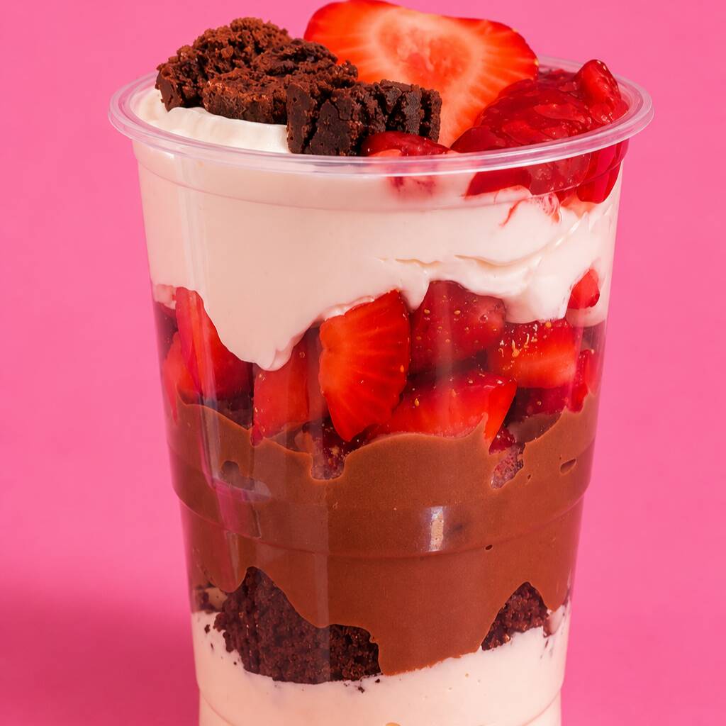 Copo da felicidade com mousse de ninho, brigadeiro 50% e pedaços de brownie e morangos