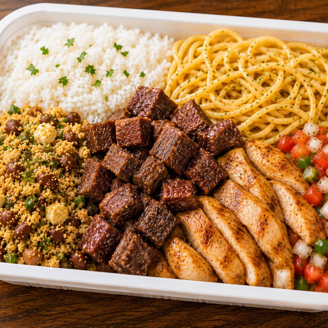 Uma refeição completa e cheia de sabor! Nossa marmita acompanha carne do sol em cubos, filé de peito de frango grelhado, arroz soltinho, feijão tropeiro bem temperado, macarrão saboroso e vinagrete fresco preparado diariamente.