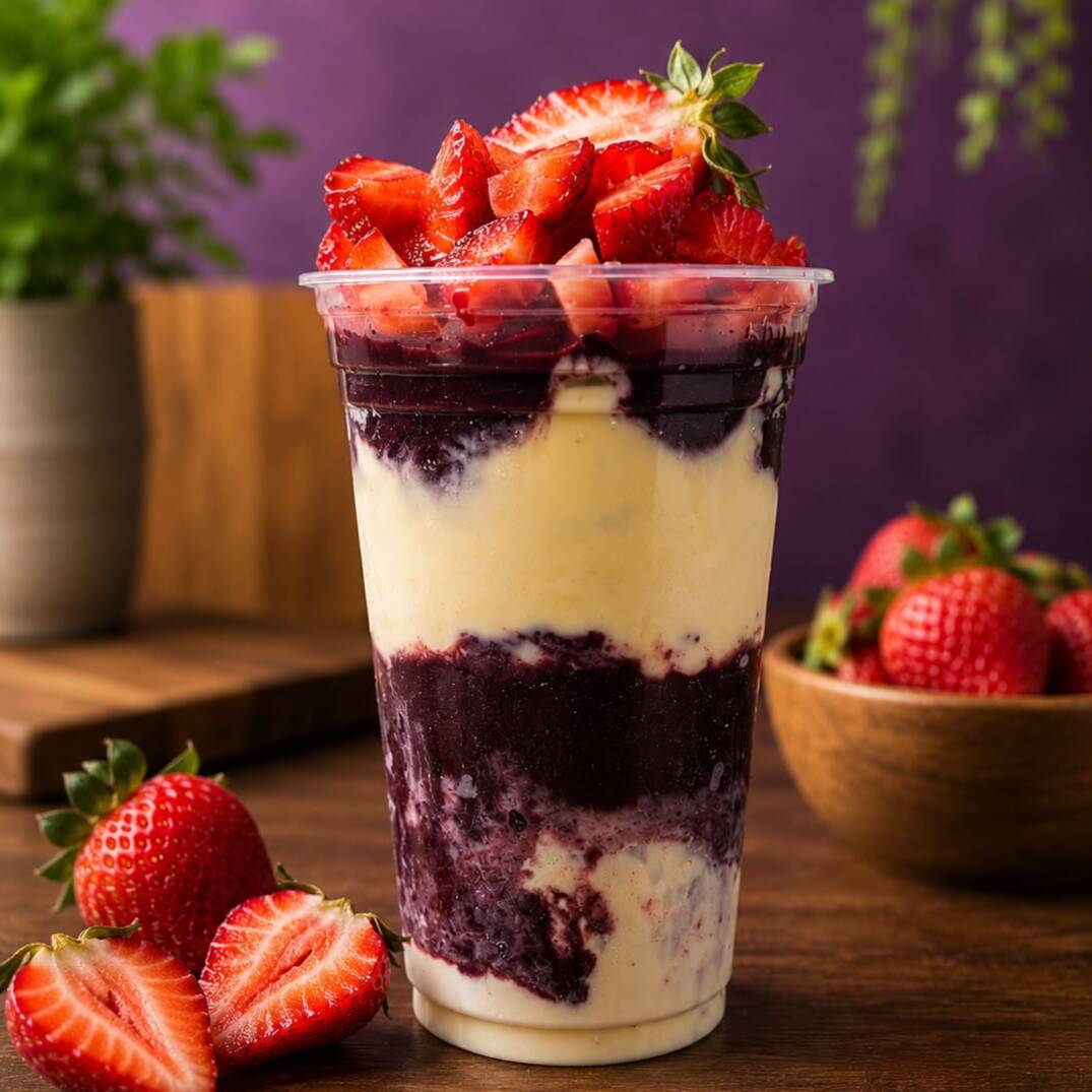 Esse é o 01 O campeão de vendas! Açaí cremoso com leite em pó, uma camada de creme Ninho e finalizado com morangos frescos. Doce, gelado e super saboroso. Perfeito para quem ama açaí com morango a açaí com Ninho. Açaí premium Não enviamos os acompanhamentos separados.