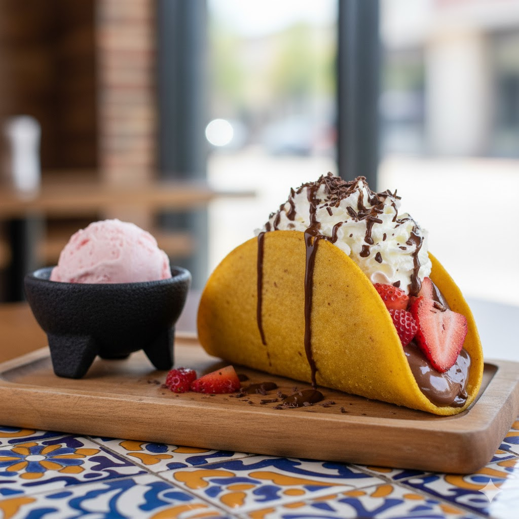 Chocolate ao leite com pedaços de morango coberto com chantilly. Acompanha sorvete