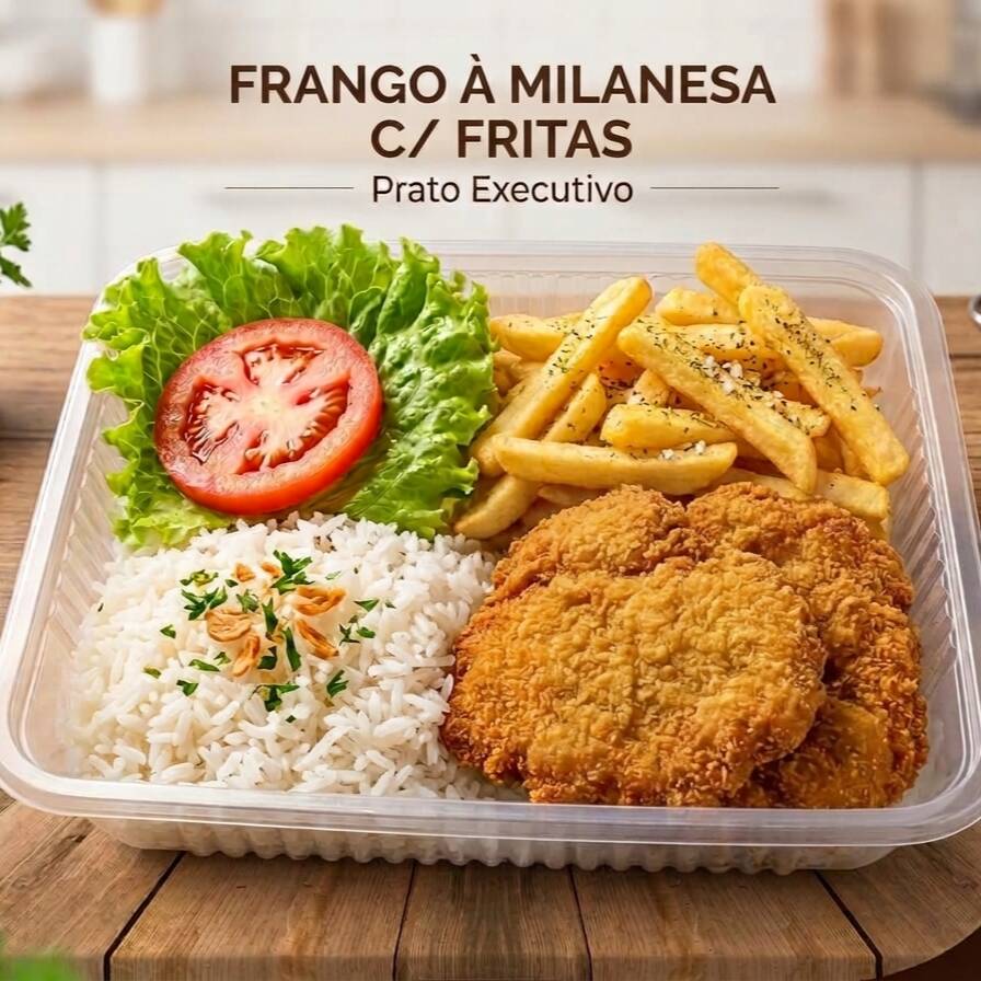 Delicioso Filé de Frango à Milanesa, um clássico da Comida Brasileira. Este prato é meticulosamente preparado com um suculento filé de frango, empanado com uma casquinha crocante e dourada. Ele é servido com acompanhamentos tradicionais irresistíveis: um arroz branco soltinho, feijão fresquinho temperado à perfeição, fritas crocantes e uma salada fresca de alface e tomate para equilibrar. Uma refe