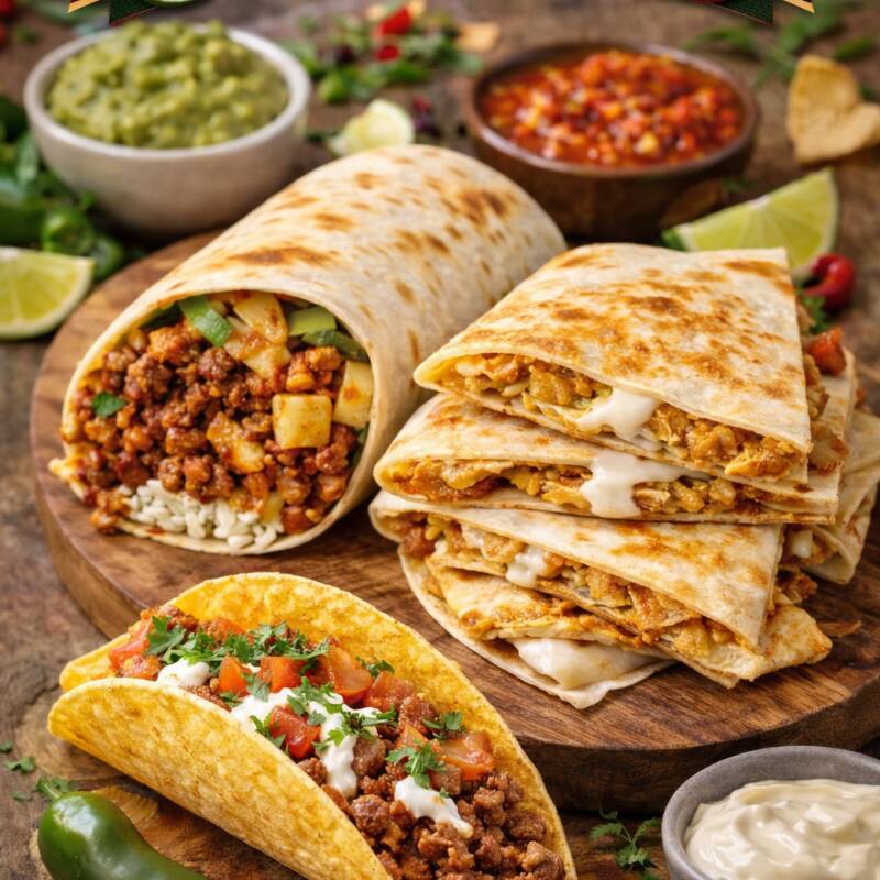 1Taco+1Burrito+1Quesadilla *Sabor único, 👉frango.