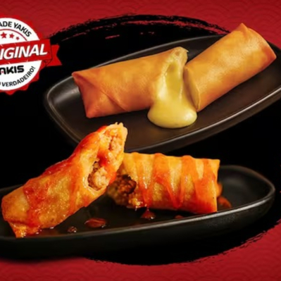 Rolinho Primavera. Massa fina crocante com recheio. Escolha o sabor. (carne, queijo ou shitake) 2 unidades (grande) Acompanha molho agridoce.