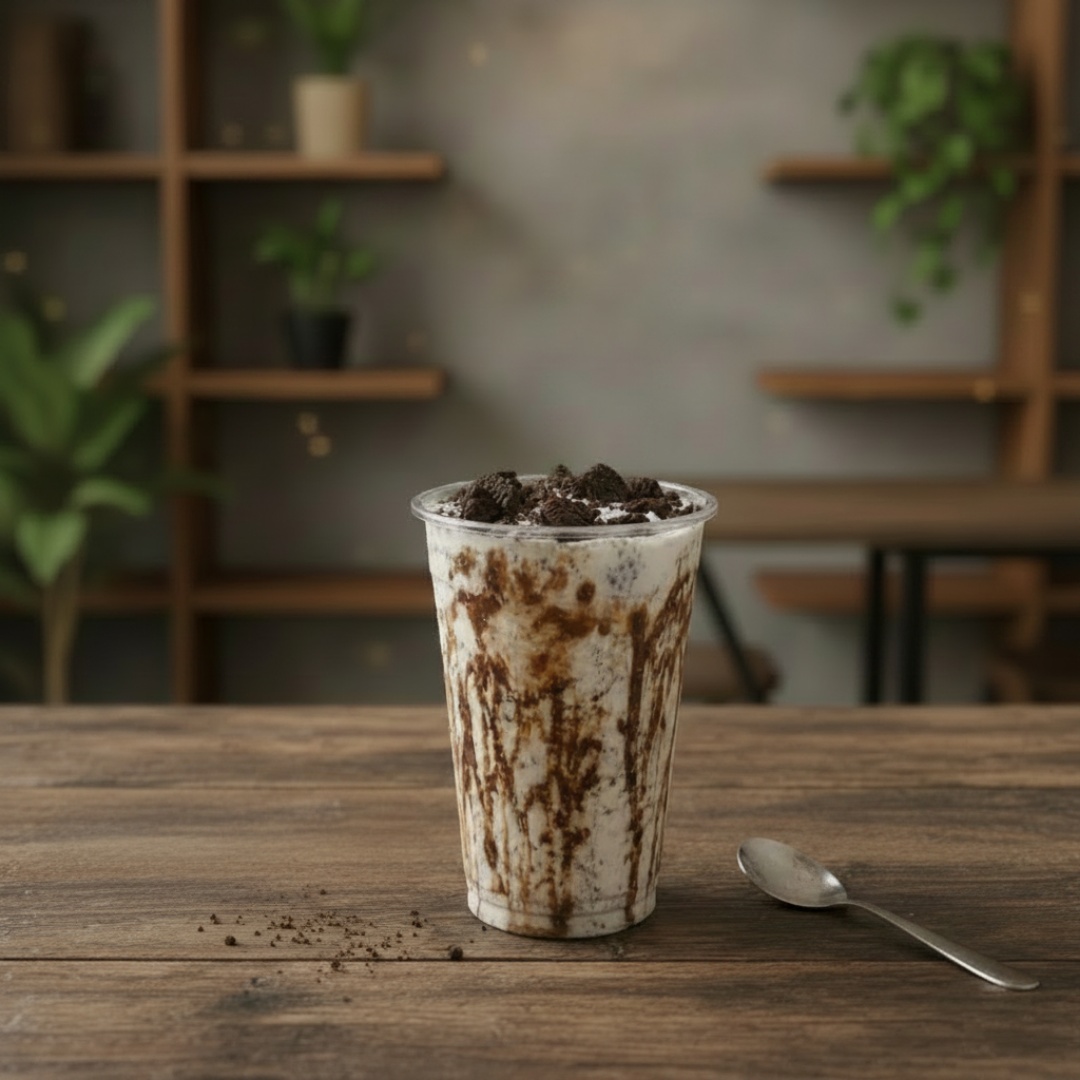 Delicioso Milkshake Feito Com Creme Americano Saborizado Com Biscoito Oreo. Copo Decorado Com Creme De Avelã E Calda De Chocolate Opcional. (Foto Ilustrativa)