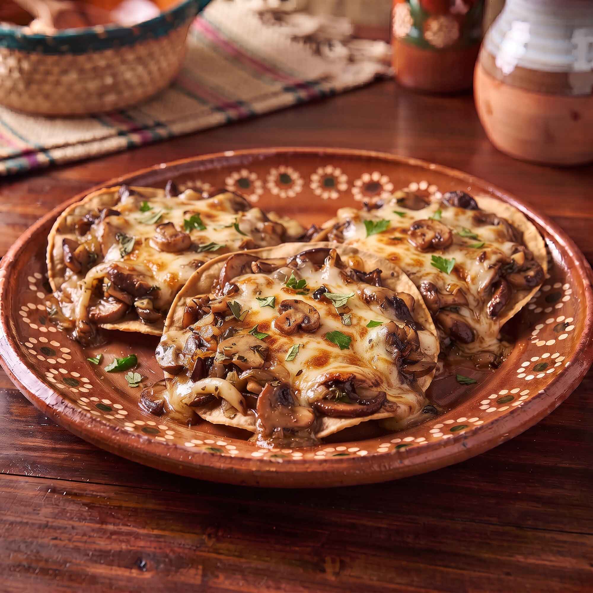 Tostadita de Maiz con Queso y Champiñones