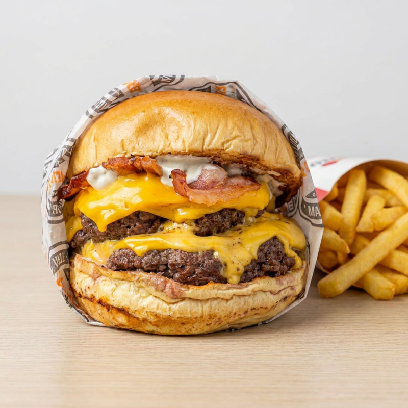 Pão Brioche, 2 Burger suculentos, 170gr. Assados na brasa, cheddar Fatiado, bacon com nossa Deliciosa Maionese Meca.