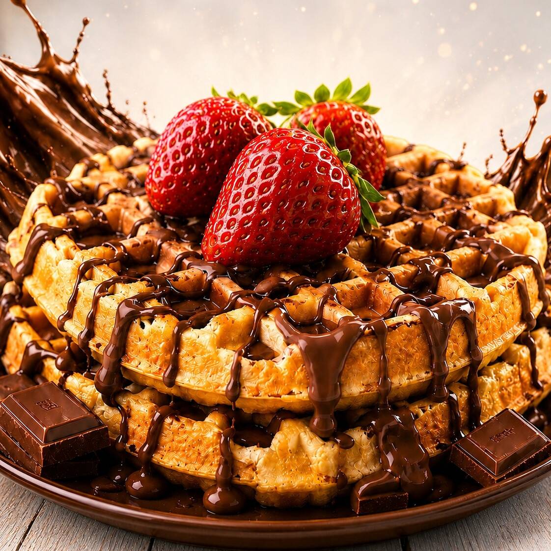 Duas camadas deliciosas de Waffle tradicional com recheio cremoso de creme de avelã e pedaços de morango. Perfeito para adoçar qualquer parte do seu Dia!