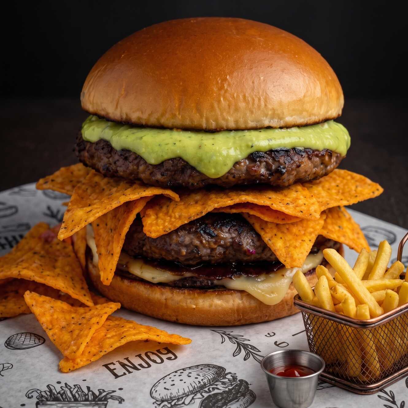 1 Doritos Burguer+ Fritas P+ Refrigerante Mini
2 carnes bovinas 90g, cheddar cremoso,caebola caramelizada, salada rica e molho do chefe.