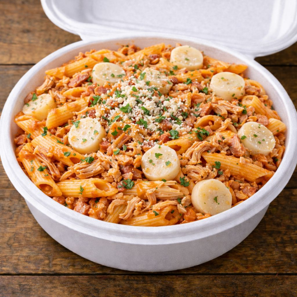 Marmita de macarrão penne ao molho bolonhesa de carne moida com palmito, ou escolha ao molho branco deixe na observação do seu pedido.