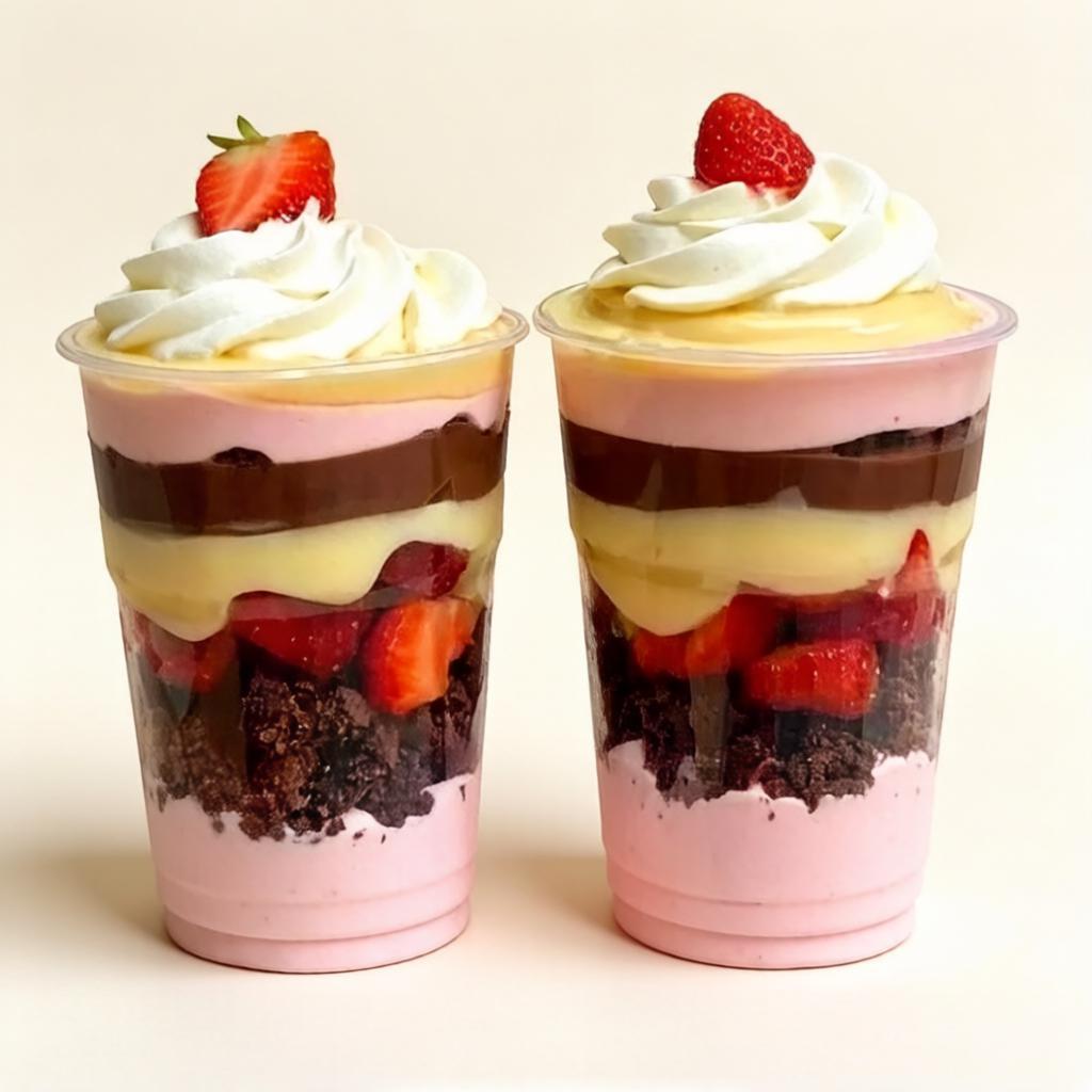 Copo Da Felicidade Sensacional. Se Você Ama a Combinação Irresistivel De Morangos Chocolate E Cremosidade com Camadas Generosas De creme Sabor Morango, Bolo Fofinho E Umido De Chocolate, Morangos Frescos, creme de ninho , Brigadeiro Cremoso De Chocotale, Finalizado Com Chantily Aveludado.
