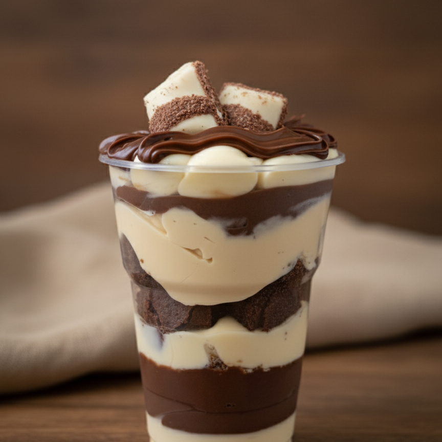 Nosso copo é feito com creme de ninho , Nutella , creme ao leite , brownie , creme Kinder Bueno e finalizado com  Nutella e dois pedaços de Kinder Bueno Witte.