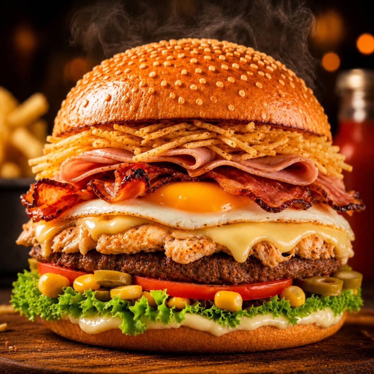 Contém: Pão, carne de frango,carne bovina,ovo,bacon,mussarela,presunto,catupiry,tomate,azeitona,alface, milho e batata palha.Imagem meramente ilustrativa.