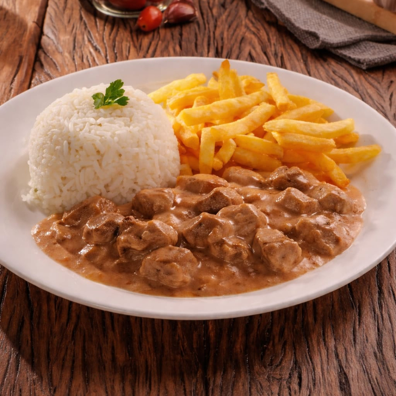 Acompanhamentos: Feijão, arroz, macarrão, salada e farofa.