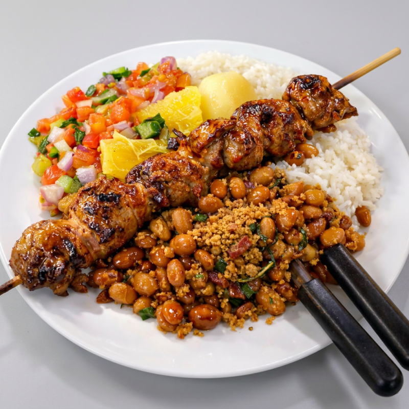 Arroz , Feijao tropeiro , vinagrete e mandioca + espeto!