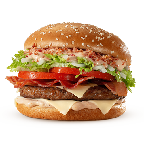 Composto por um hambúrguer de carne 100% bovina, o icônico molho tasty, uma combinação especial de bacon crispy e fatias de Bacon, queijo processado sabor emental, tomate, alface, cebola, tudo isso no pão com gergelim.