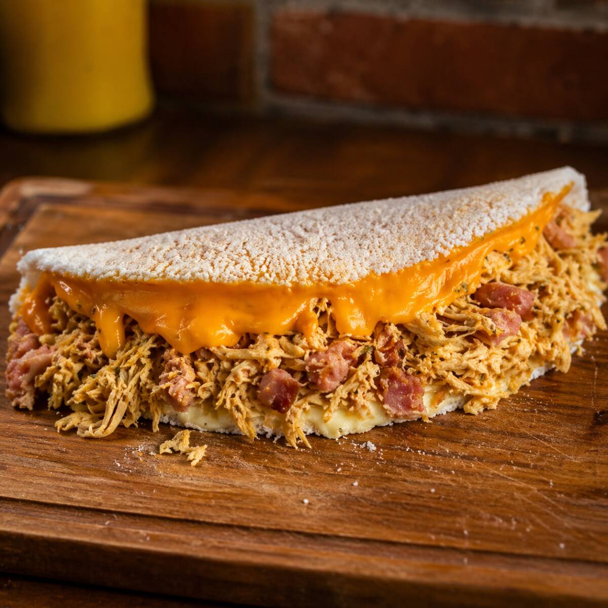 A combinação perfeita para quem gosta de uma tapioca bem recheada! Preparada na hora, leva frango desfiado bem temperado, requeijão cremoso, calabresa ralada, cheddar cremoso e queijo mussarela derretido, proporcionando muito sabor e uma cremosidade irresistível em cada mordida.