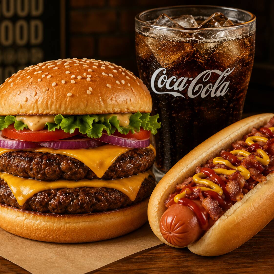 Hamburguesa Doble, Hot Dog con Tocino,refresco355