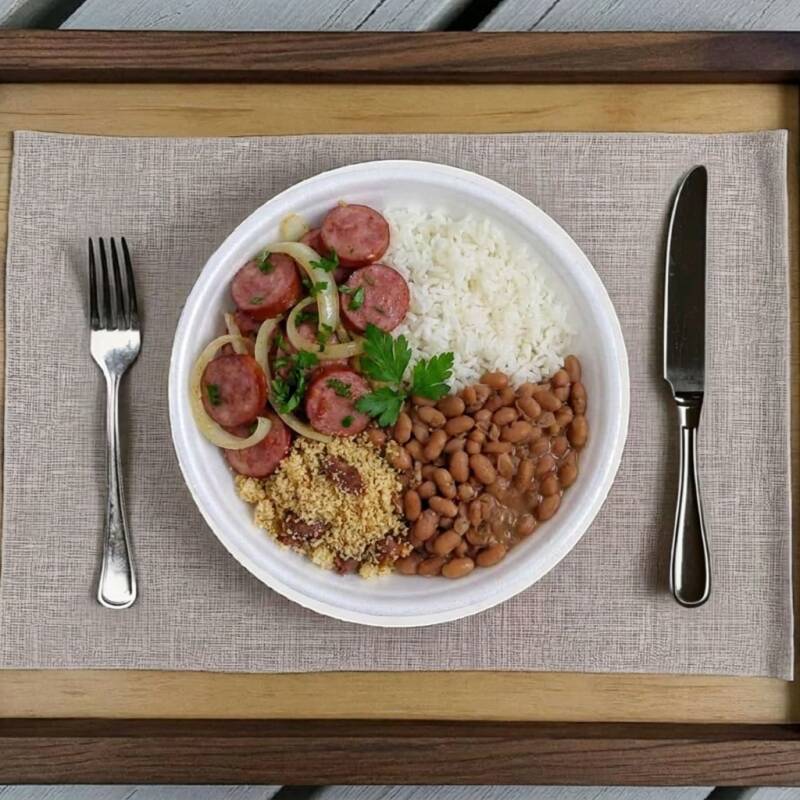 Nossa!! Deliciosa marmita vai .. Arroz branco soltinho, feijão bem temperado,uma deliciosa farofa de costela defumada. (escolha seu acompanhante.)