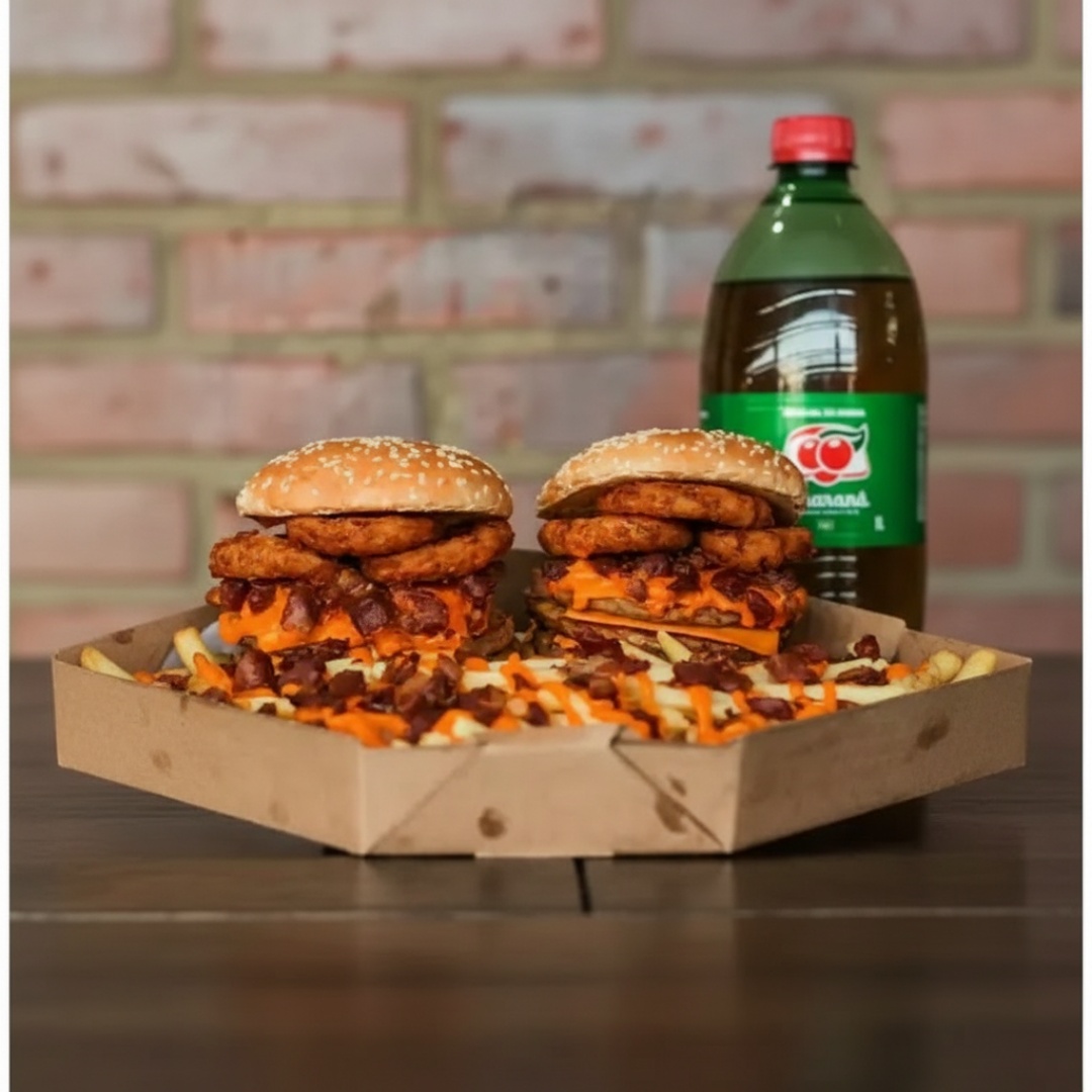 2 Lanches Com 3 Carnes, Queijos, Bastante Cheddar, Anéis De Cebola E Bacon. Acompanha Batata Turbinada E Um Refri De 1 Litro.