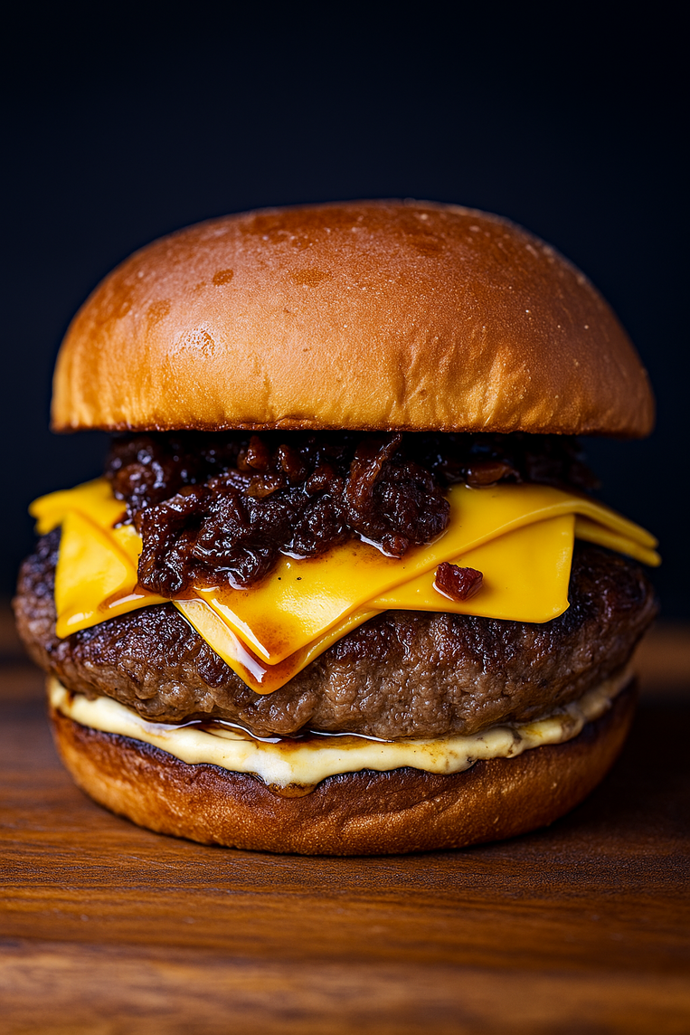 Pão Australiano , blend bovino 180g , 3 fatias de queijo cheddar
 , geleia de bacon caramelizado , maionese de ervas .