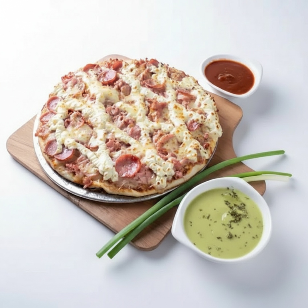 Muzzarela, Calabresa, catupiry e molho especial