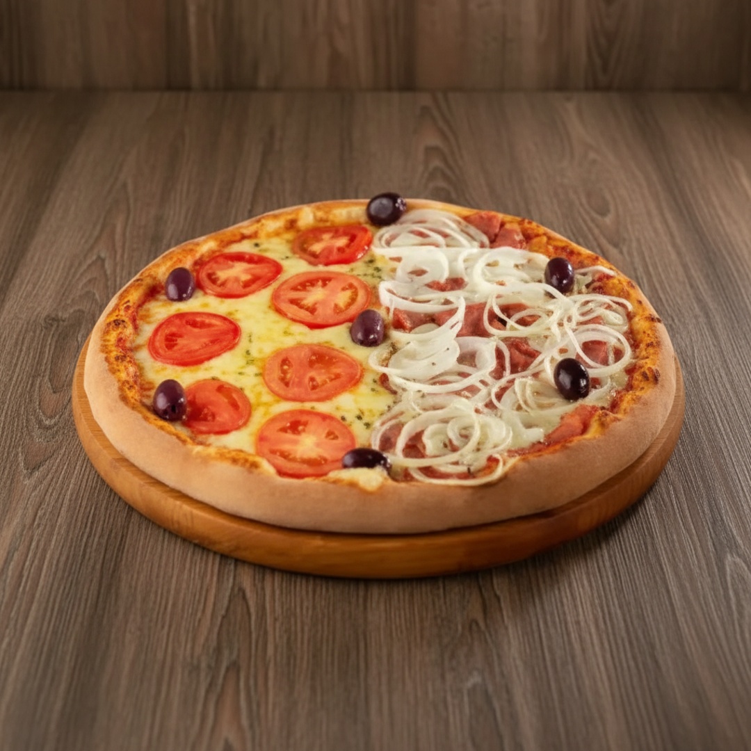 Experimente nossa Pizza Grande com 1/2 Calabresa e 1/2 Mussarela, cortada em 8 pedaços!
1/2 Calabresa: Calabresa defumada de alta qualidade, coberta com queijo derretido e um toque de cebola, garantindo um sabor intenso e delicioso.
1/2 Musarela: Fatias de mussarela da melhor qualidade cortada cuidadosamente e montada.