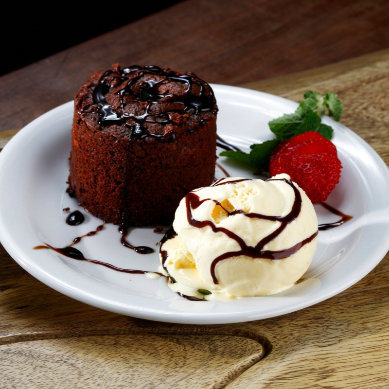 Acompanha bolinho petit gateau + sorvete + calda a escolher + fruta a escolha do cliente