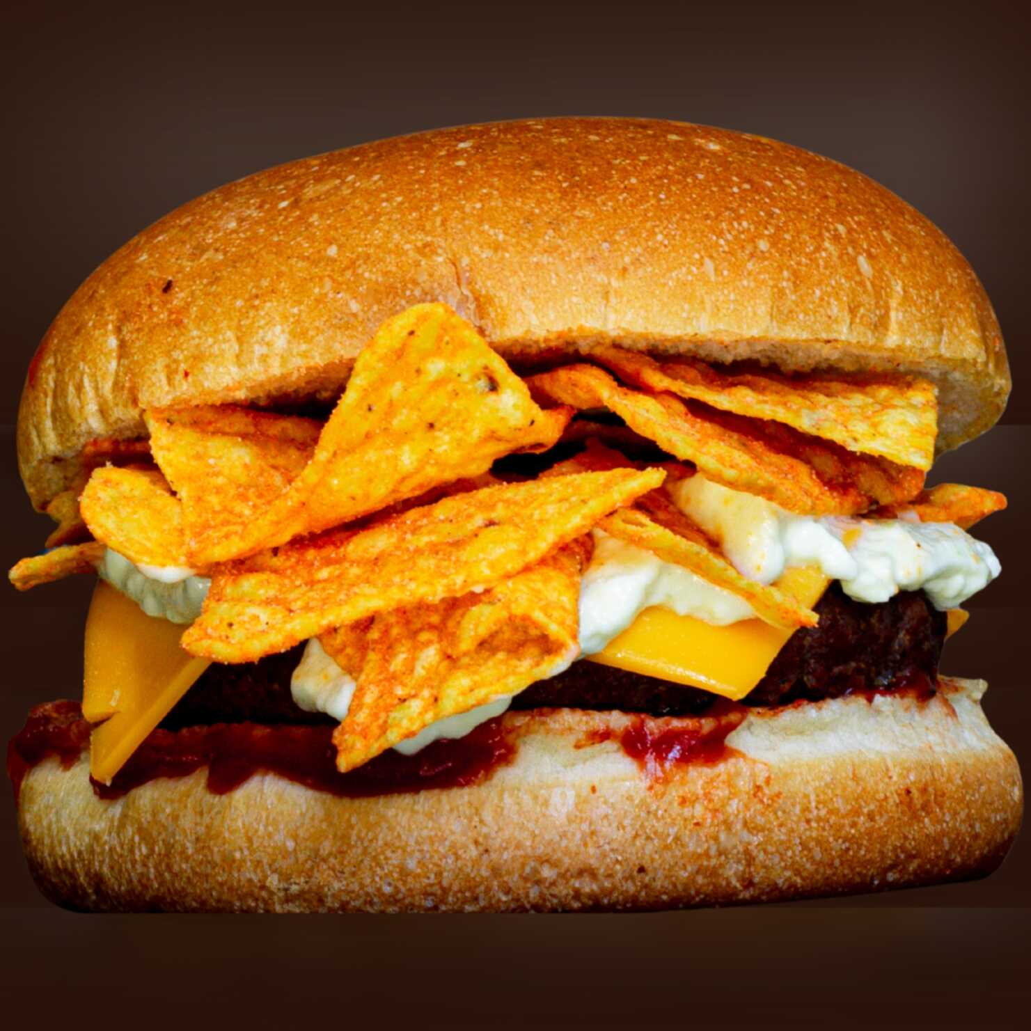 Delicioso Hambúrguer Artesanal de 115g (Carne alta e suculenta), Cheddar em Fatia, Montanha de Doritos Molho Especial e Maionese Verde (O dobro de suculência)