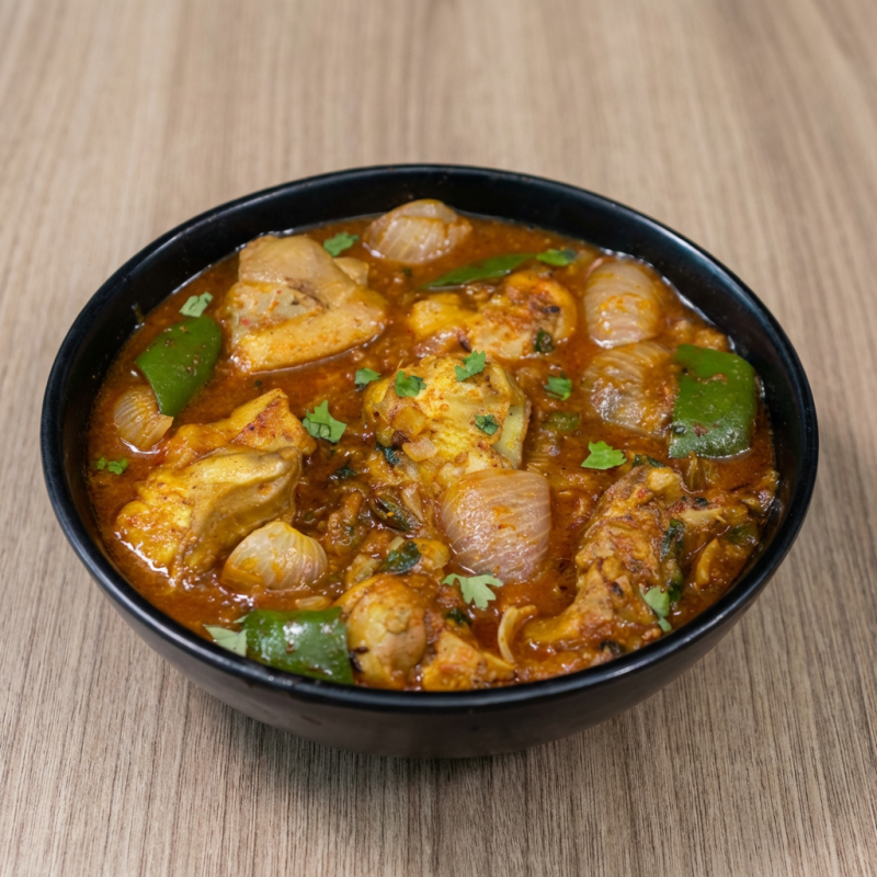 Frango cozido com pimentão e tomate, taque, coentro e pimenta com especiarias indianas.