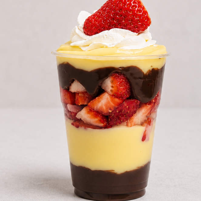 Creme de ninho super cremoso, morangos frescos e muito chocolate em camadas absurdamente recheadas. Por cima vai um pouquinho de chantininho pra decorar. Uma explosão gelada, cremosa e irresistível que faz sucesso todos os dias. Serve 1 pessoa. +-250gr