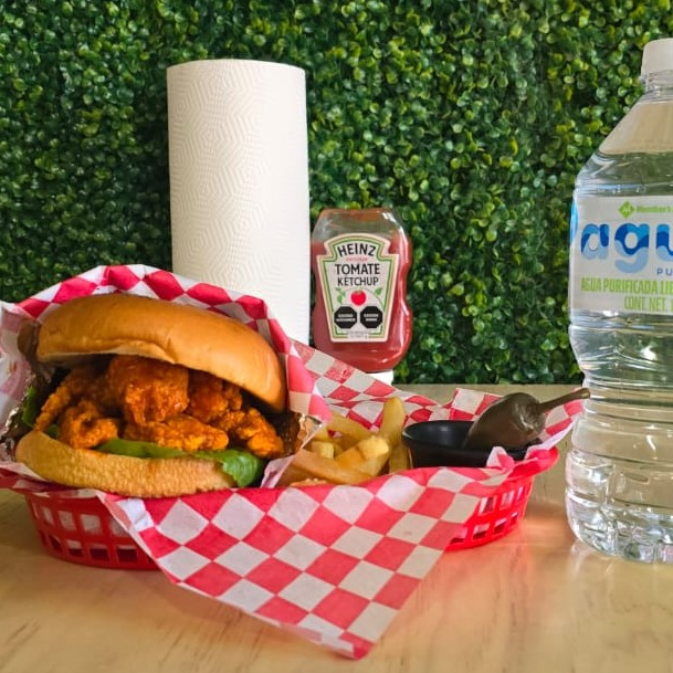 Hamburguesa de Pollo, Papas o Aros y Bebida