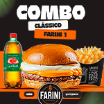 1 Hambúrguer Clássico Farini + Batata Média + Guaraná Antarctica 1L Pão brioche, carne 130g, queijo mussarela derretido, bacon crocante, maionese e farini