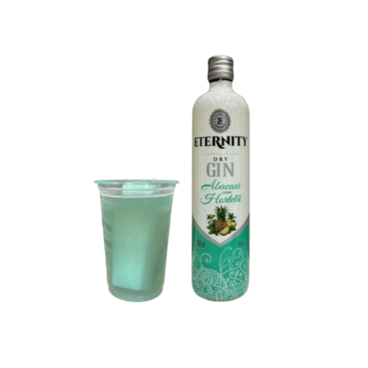 Dose de Gin Eternity Sabor Abacaxi com Hortelã, uma Garrafinha de 200ml com Gin, Energético Baly em uma Garrafinha de 300ml e 1 Gelo de Coco