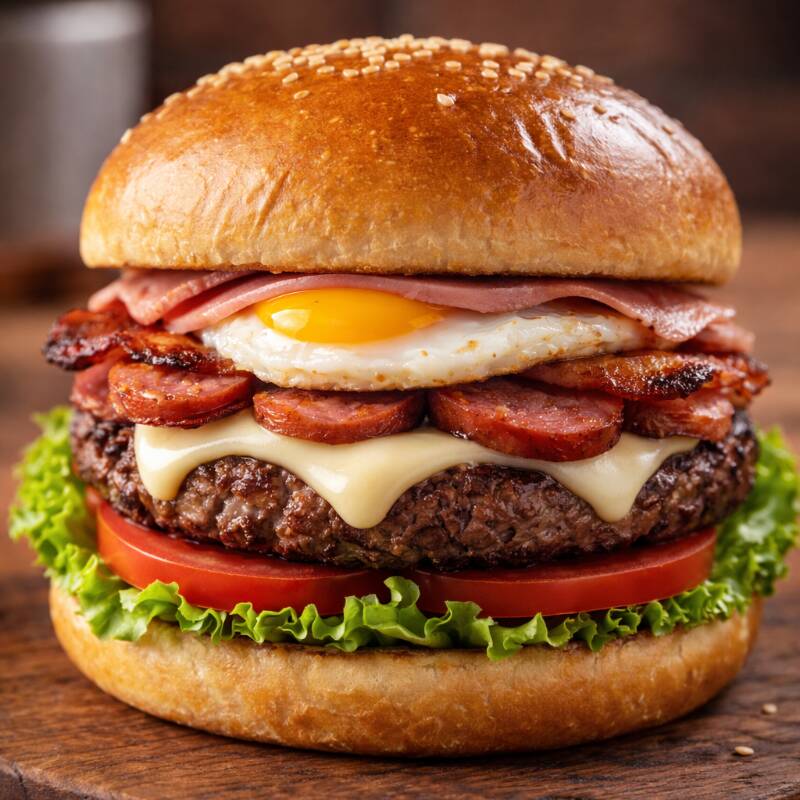 Pão, carne bovino 110g, queijo, ovo, calabresa, alface e tomate