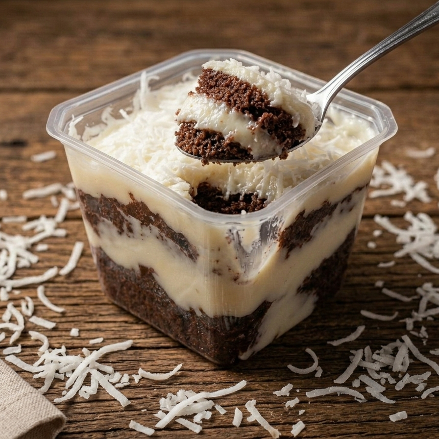Bolo prestígio de 250g com massa de chocolate, recheado com leite condensado e coco, finalizado com coco por cima. Simplesmente irresistível!
