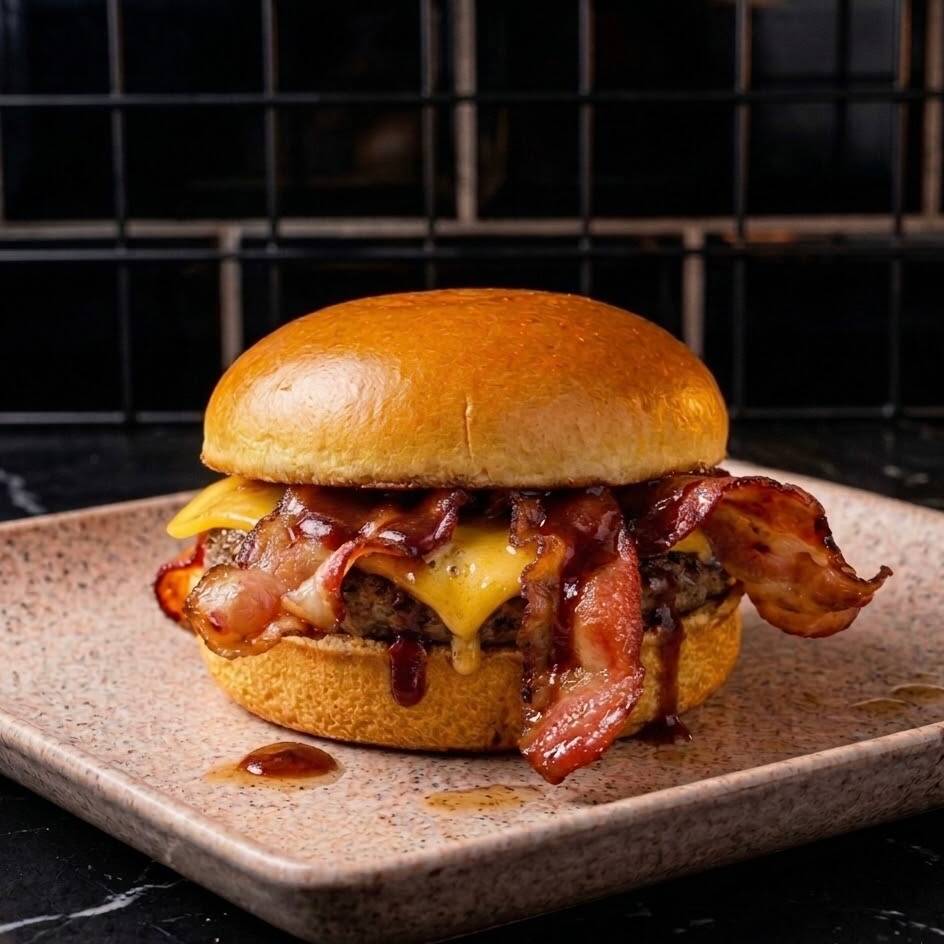 Pão de Brioche, Delicioso Blend de carne bovina de 120g, 2 fatias de queijo cheddar, bacon e molho especial