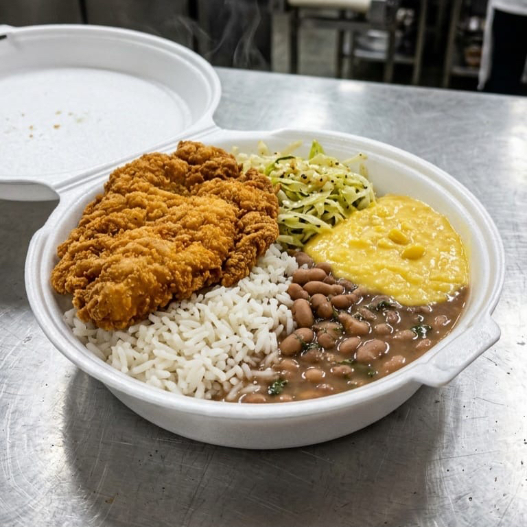 Filé de frango empanado, crocante por fora e suculento por dentro. Acompanha arroz soltinho, feijão cremoso, brócolis ao alho e óleo e farofa de bacon.