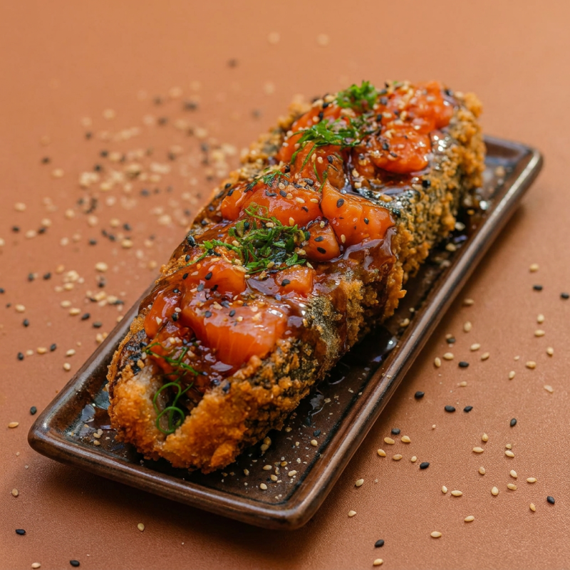 Hot roll de 20cm, recheado com 200g de salmão fresco com molho especial da casa, finalizado com gergelim e cebolinha fresca.